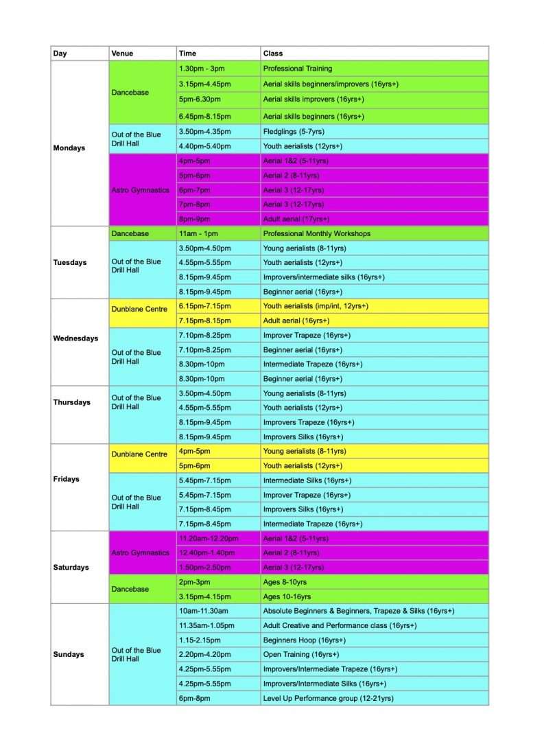 All or Nothing Class Timetable in table form. Listing all the classes together