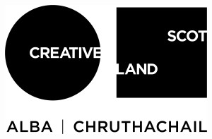 Creative Scotland logo - a black circle on the left hand side and a black square on the right hand side. The words Creative Scotland are in white on the shapes.